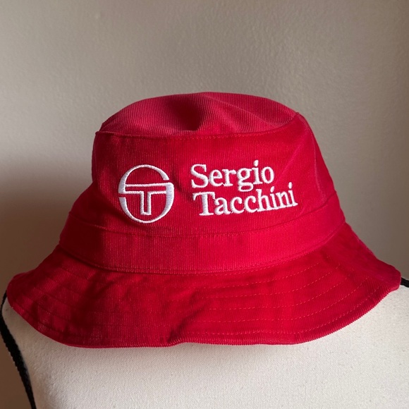 Sergio Tacchini Bucket Hat Tango Red Embroidered ST Logo Corduroy Retro Festival - Picture 8 of 14